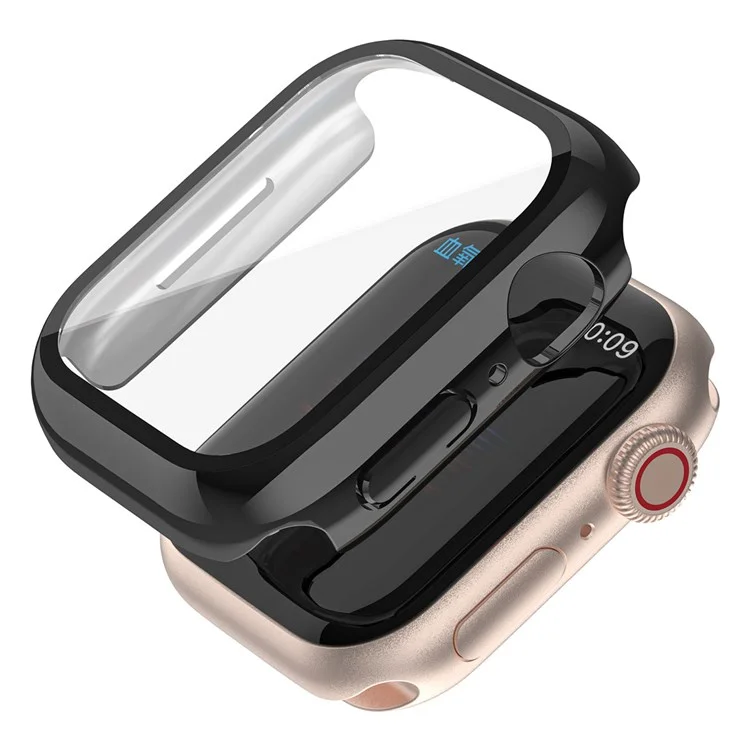 Tapa del botón antipolvo Estuche de reloj para Apple Watch Series 9 / 8 / 7 41mm Carcasa de reloj de PC chapada en electroplata Protector con película de vidrio templado - Negro