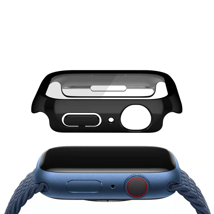 Tapa del botón antipolvo Estuche de reloj para Apple Watch Series 9 / 8 / 7 41mm Carcasa de reloj de PC chapada en electroplata Protector con película de vidrio templado - Negro