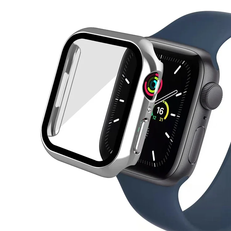 Tapa del botón antipolvo Estuche de reloj para Apple Watch Series 9 / 8 / 7 41mm Carcasa de reloj de PC chapada en electroplata Protector con película de vidrio templado - Negro