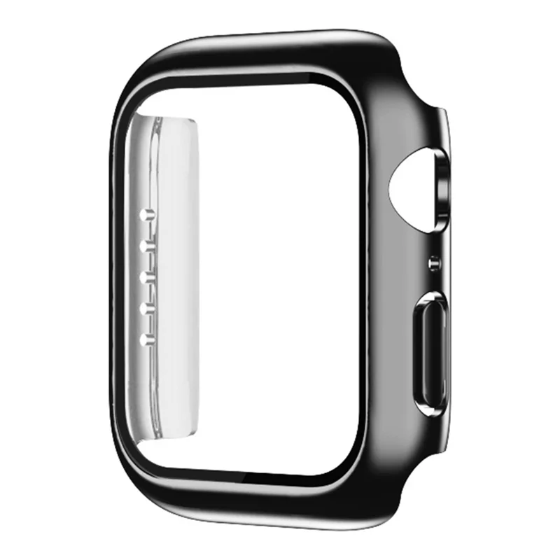 For Apple Watch Series 9 / 8 / 7 45mm Tempered Glass Film Watch Case Dustproof Button Cover Electroplating PC Shell - Black