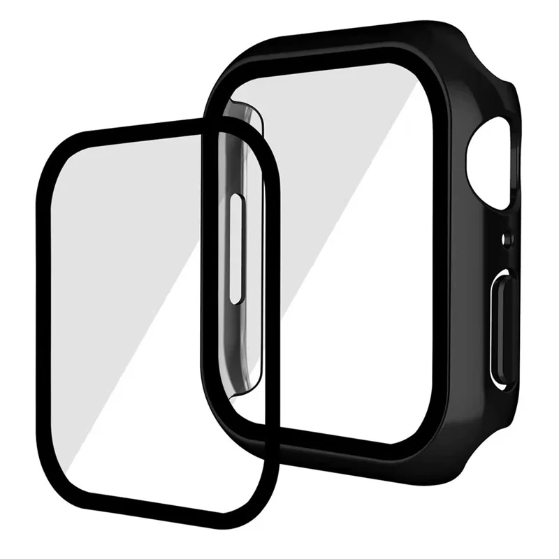 For Apple Watch Series 9 / 8 / 7 45mm Tempered Glass Film Watch Case Dustproof Button Cover Electroplating PC Shell - Black