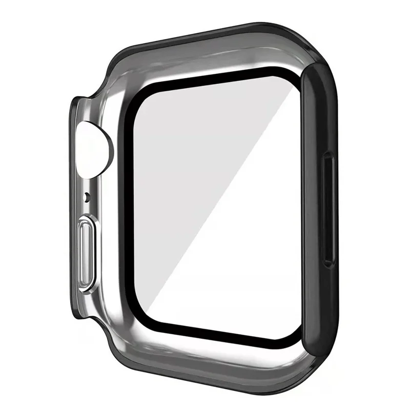 For Apple Watch Series 9 / 8 / 7 45mm Tempered Glass Film Watch Case Dustproof Button Cover Electroplating PC Shell - Black