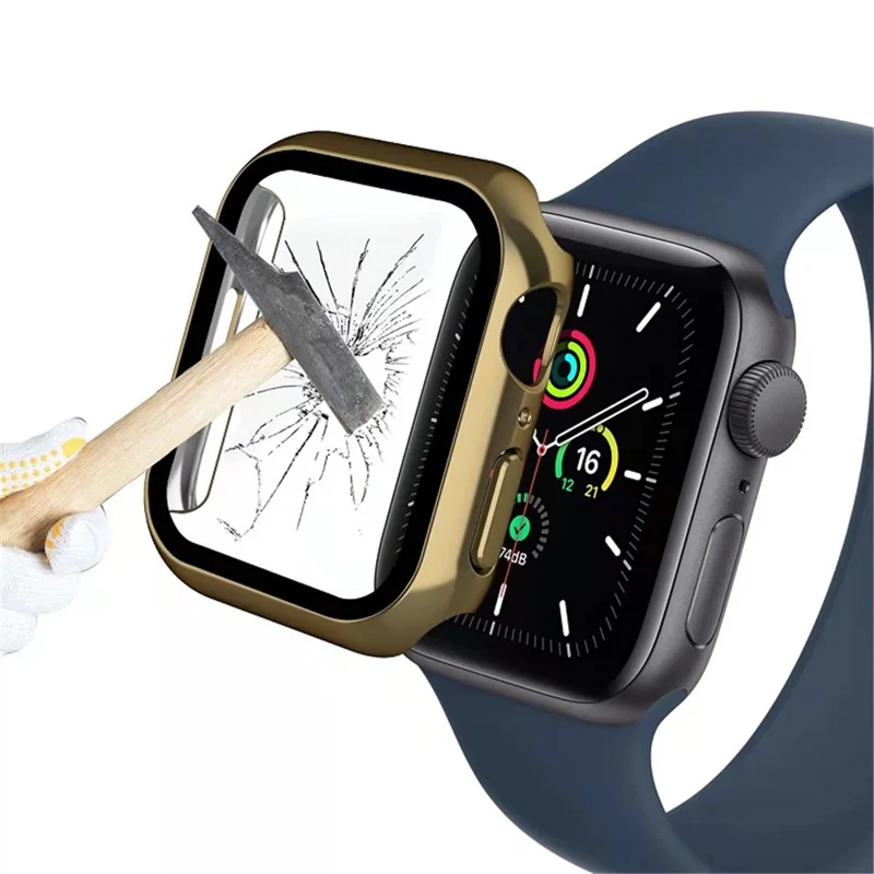 For Apple Watch Series 9 / 8 / 7 45mm Tempered Glass Film Watch Case Dustproof Button Cover Electroplating PC Shell - Black