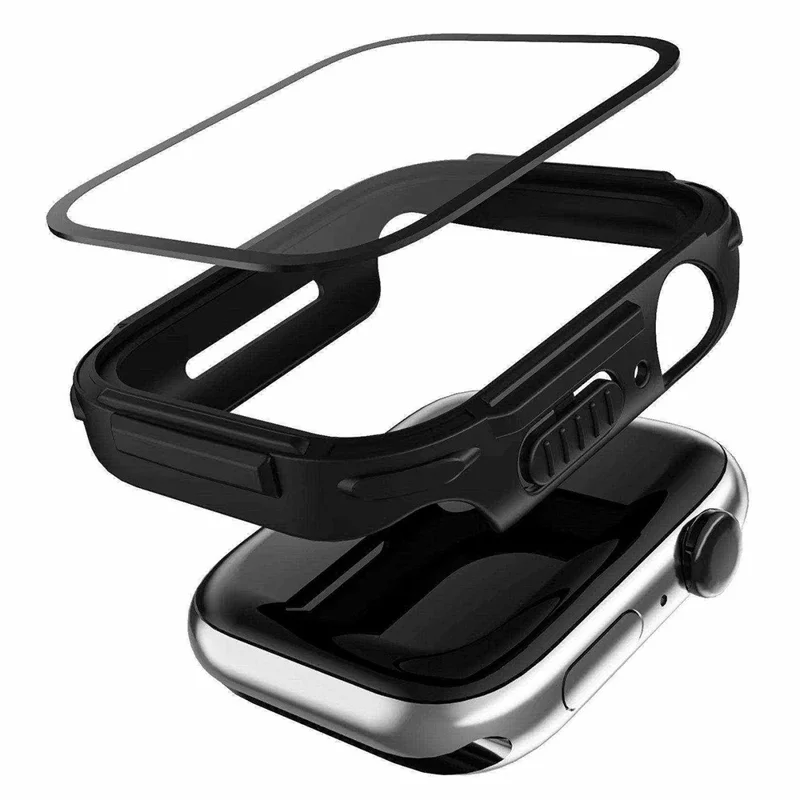Funda moderna de policarbonato con galvanizado para Apple Watch 9 / 8 / 7 de 45 mm, carcasa protectora con protector de pantalla de vidrio templado - Transparente