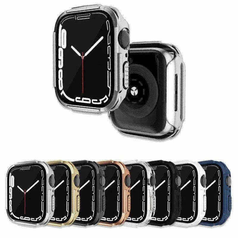 Funda moderna de policarbonato con galvanizado para Apple Watch 9 / 8 / 7 de 45 mm, carcasa protectora con protector de pantalla de vidrio templado - Transparente