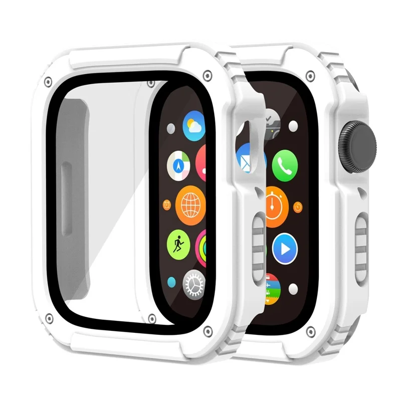 For Apple Watch 9 / 8 / 7 45mm PC + TPU Case with Tempered Glass Screen Protector Anti-scratch Watch Shell - White