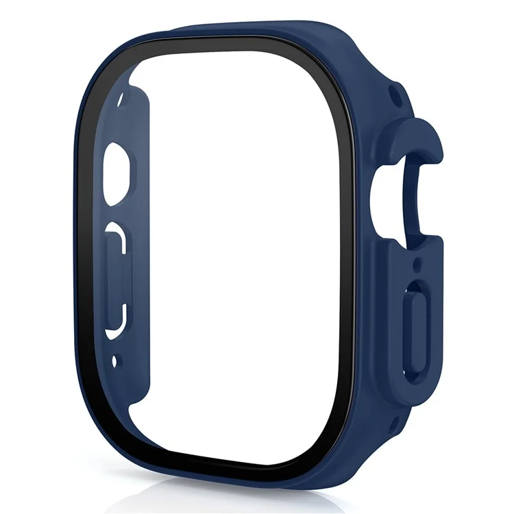 Para Apple Watch Ultra 2 49mm / Ultra 49mm Funda de cartera de PC duro con protector de pantalla de vidrio templado Protección anti-caída Cubierta protectora mate - Azul medianoche