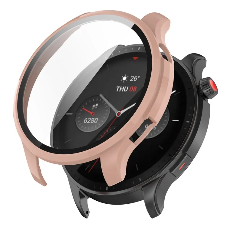Per Huami Amazfit GTR 4 46mm Full Coverage Hard PC Case con Protezione Schermo in Vetro Temperato Touch Sensitive HD Bumper Protective Cover - Sakura Pink