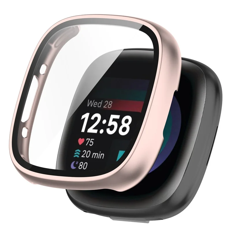 For Fitbit Versa 4 / Sense 2 Case Hard PC Full Protection Cover with Tempered Glass Screen Protector - Rose Gold