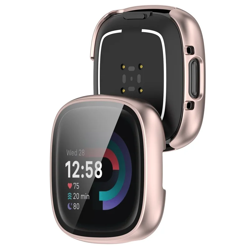 For Fitbit Versa 4 / Sense 2 Case Hard PC Full Protection Cover with Tempered Glass Screen Protector - Rose Gold