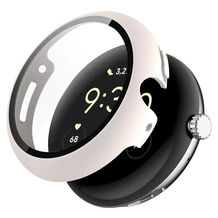 For Google Pixel Watch 2 / Pixel Watch Hard PC Clear Watch Case Full Coverage Shockproof Cover with Tempered Glass Screen Protector - White