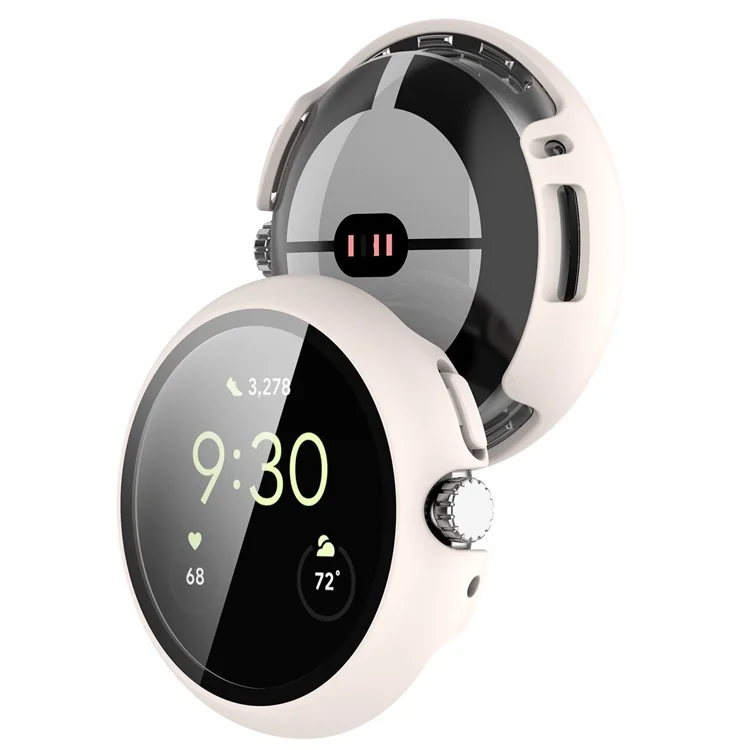 For Google Pixel Watch 2 / Pixel Watch Hard PC Clear Watch Case Full Coverage Shockproof Cover with Tempered Glass Screen Protector - White