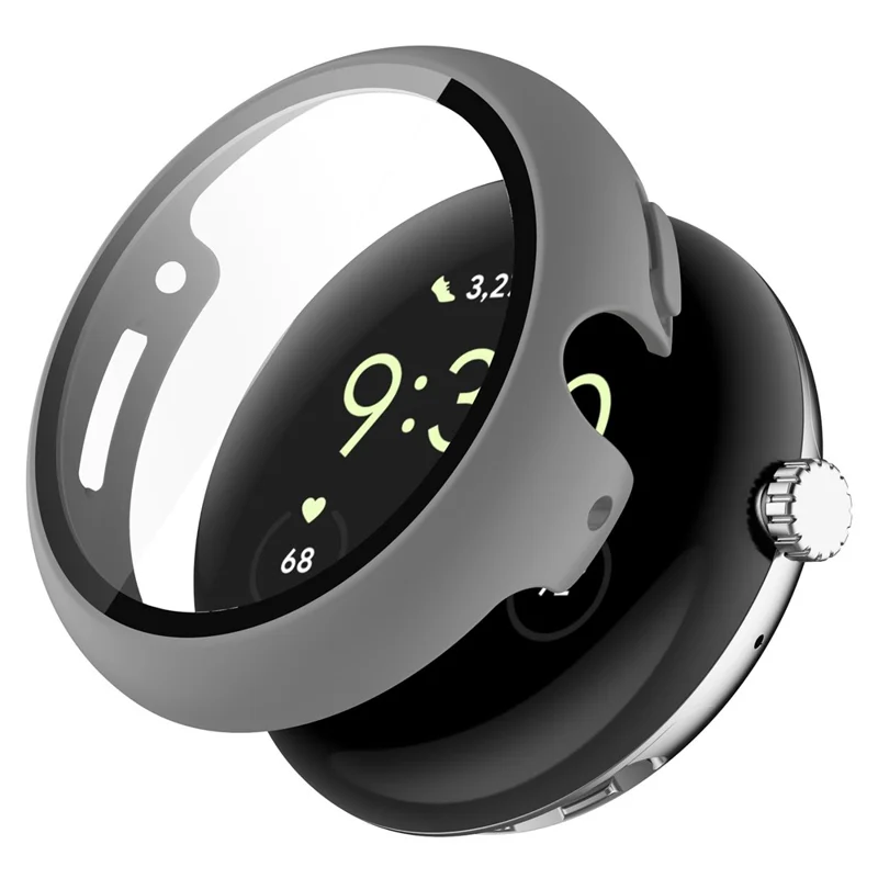 Coque rigide transparente en PC pour Google Pixel Watch 2 / Pixel Watch, housse de protection intégrale anti-chocs avec protecteur d'écran en verre trempé - Gris