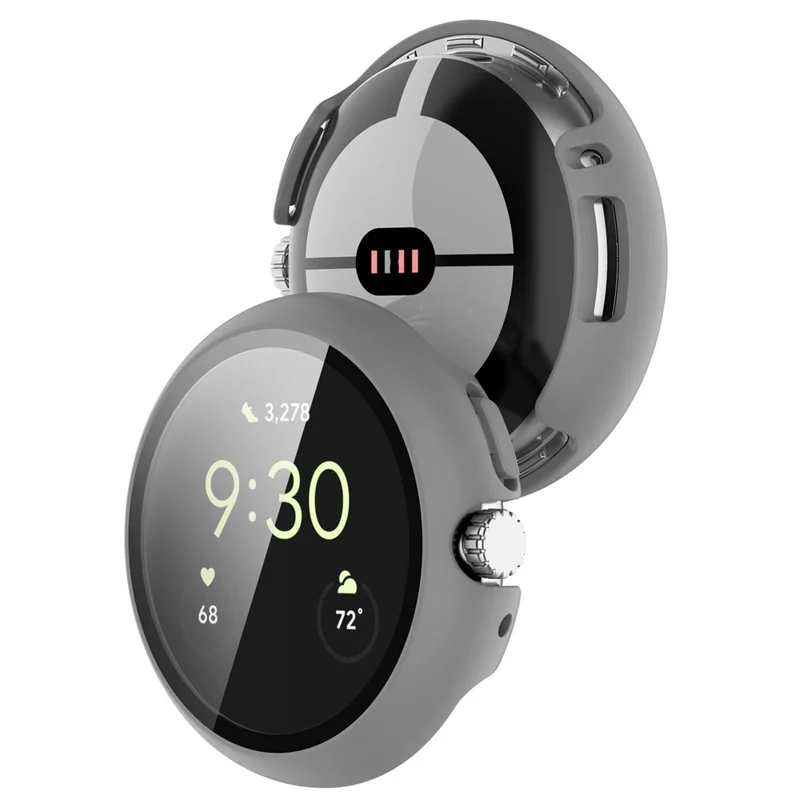 Coque rigide transparente en PC pour Google Pixel Watch 2 / Pixel Watch, housse de protection intégrale anti-chocs avec protecteur d'écran en verre trempé - Gris