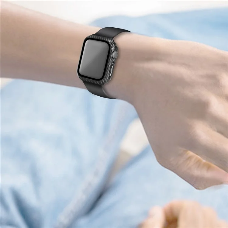 For Apple Watch Series 4 / 5 / 6 / SE / SE (2022) 40mm Anti-scratch Tempered Glass Screen Film+Carbon Fiber PC Watch Frame Cover - Black