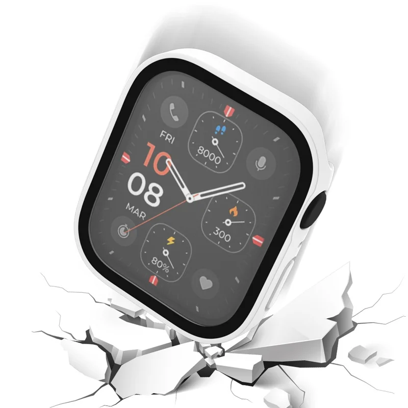 For Apple Watch Series 9 / 8 / 7 45mm Waterproof Frosted Watch Case Anti-drop PC Cover with Tempered Glass Screen Protector - White