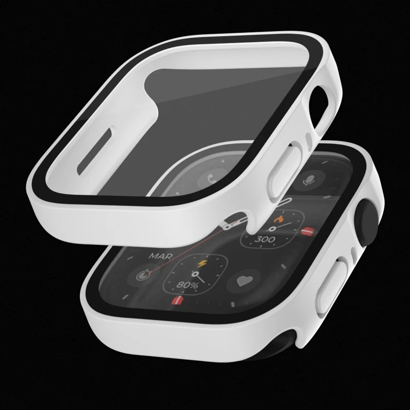 For Apple Watch Series 9 / 8 / 7 45mm Waterproof Frosted Watch Case Anti-drop PC Cover with Tempered Glass Screen Protector - White