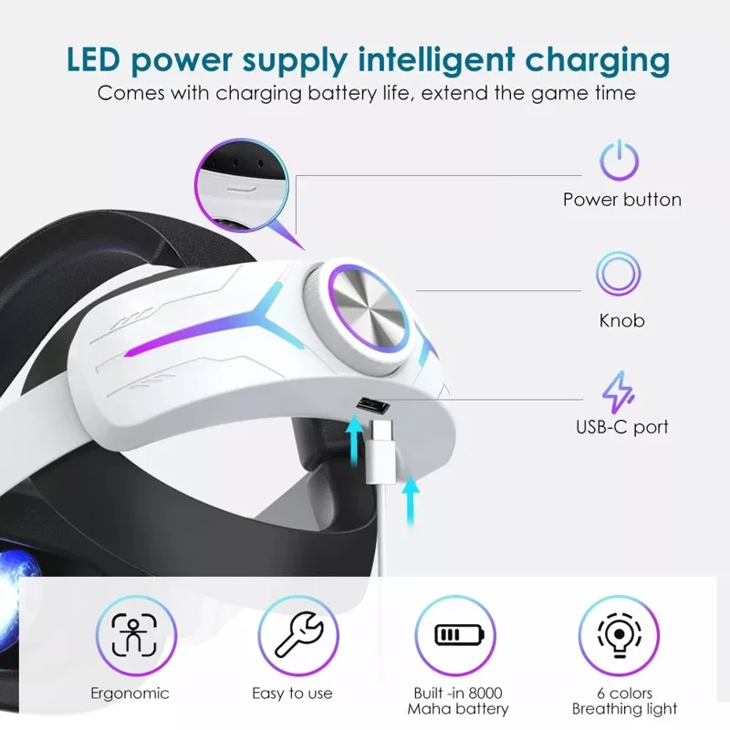 JY-HC2 For Oculus Quest 2 VR Glasses Headband Adjustable Head Strap with 8000mAh Battery - White / Black