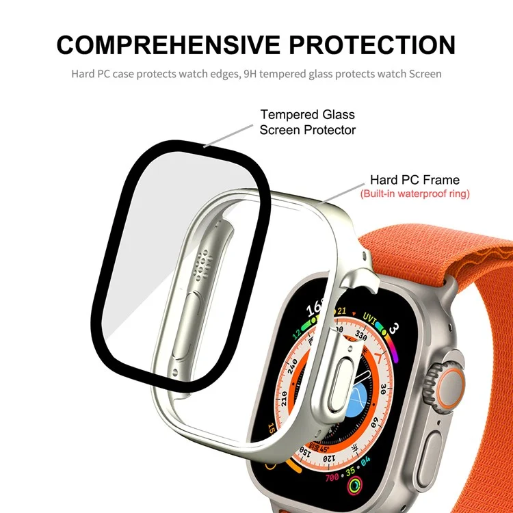 ENKAY HAT PRINCE For Apple Watch Ultra 2 49mm / Ultra 49mm Waterproof Case Tempered Glass Screen Protector Hard PC Full Protection Watch Cover - Silver
