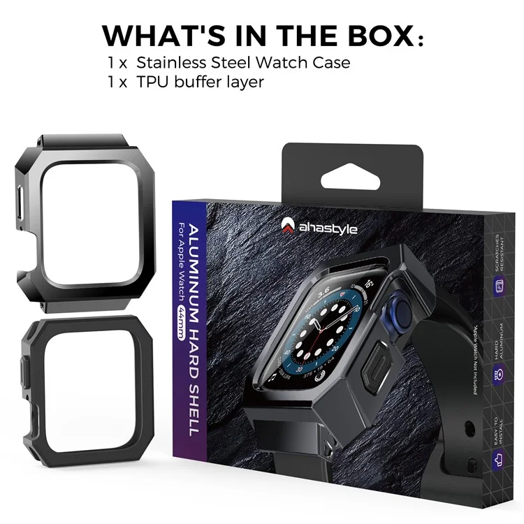 AHASTYLE WA15 Hard Case for Apple Watch Series 6 / 5  / 4  / SE (2022) / SE 44mm, Rugged Stainless Steel Watch Case Protector Cover - Black