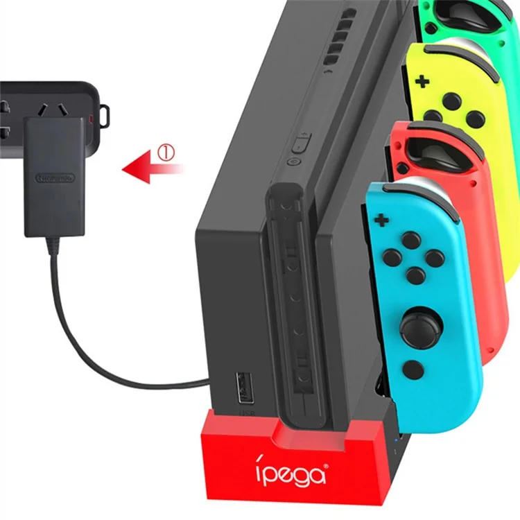 IPEGA For Nintendo Switch JoyCon 4 Slots Charging Dock Station Game Controller Charger with Indicator - Black / Red