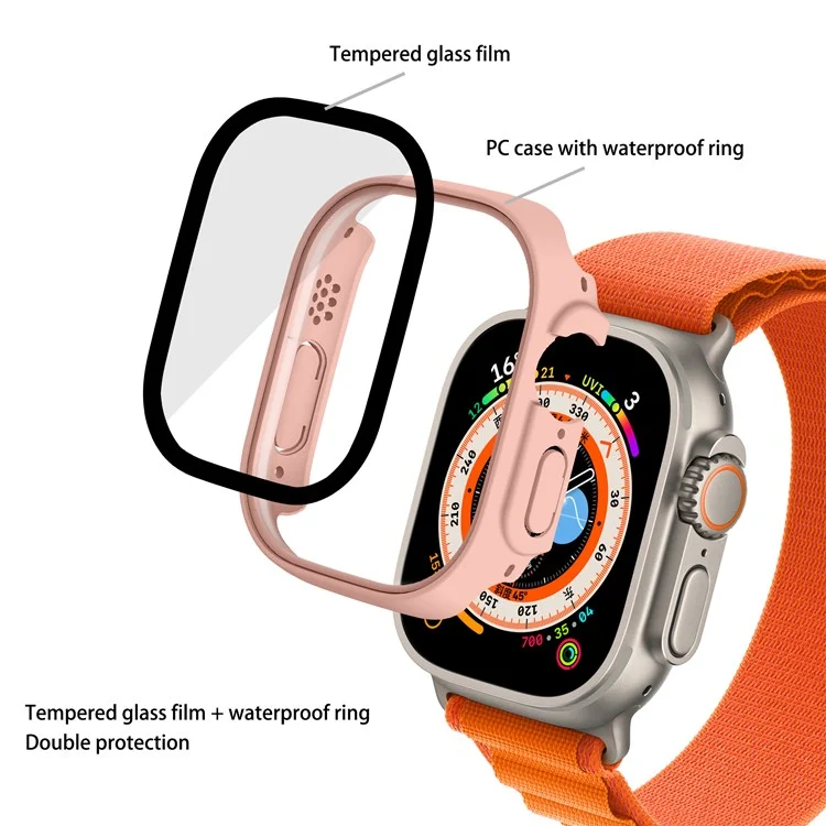 Per Apple Watch Ultra 2 49mm / Ultra 49mm Hard PC Case con Protezione dello Schermo in Vetro Temperato Impermeabile Custodia Smart Watch - Rosa