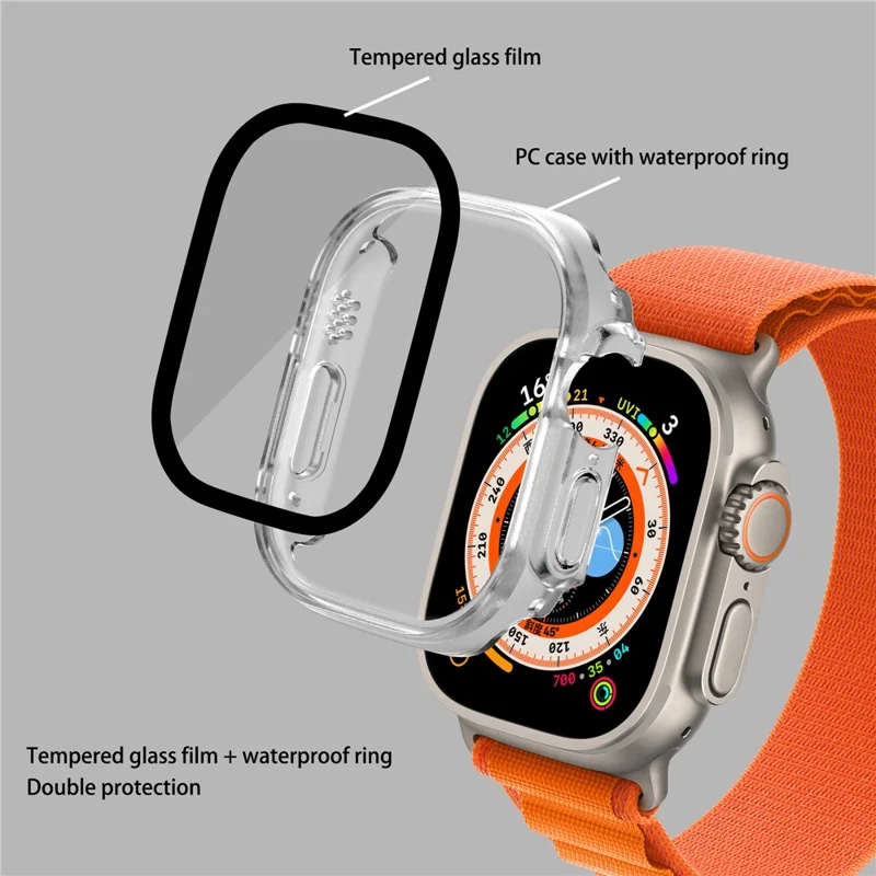 For Apple Watch Ultra 3 / Ultra 2 / Ultra 49mm Hard PC Case with Tempered Glass Screen Protector Waterproof Smart Watch Case - Transparent