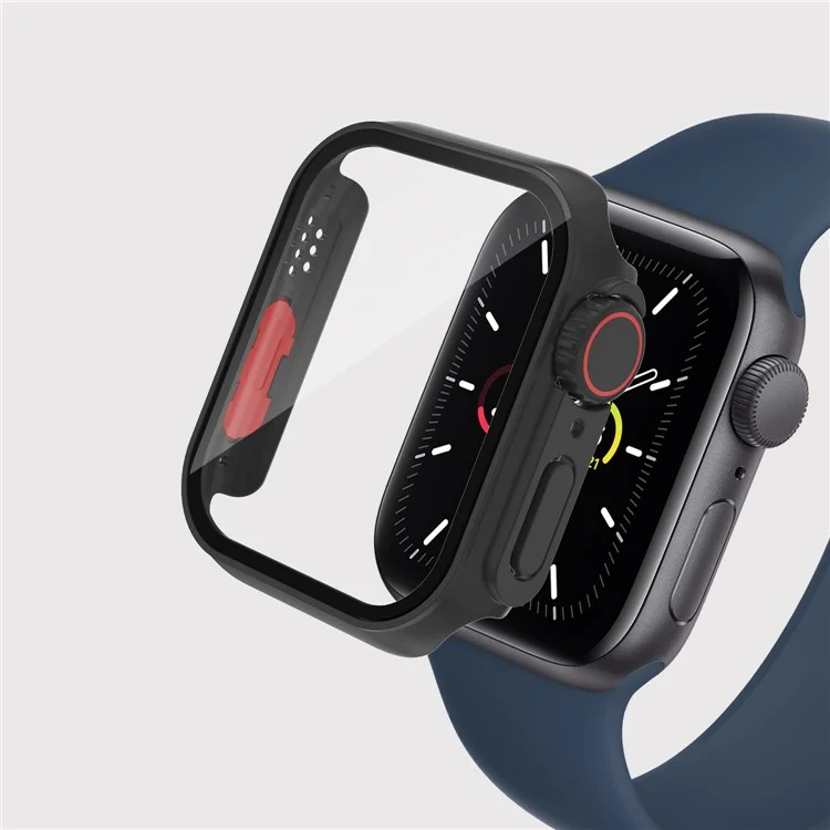 For Apple Watch Series 6 / 5 / 4 / SE / SE (2022) 44mm Watch Case Hard PC Watch Cover with Tempered Glass Screen Protector - Black / Red