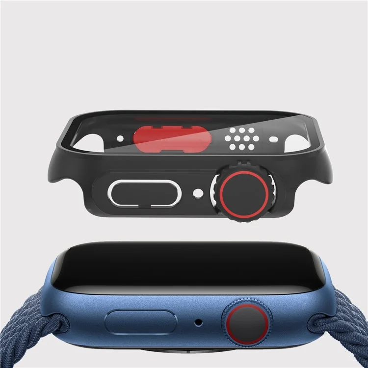 For Apple Watch Series 6 / 5 / 4 / SE / SE (2022) 44mm Watch Case Hard PC Watch Cover with Tempered Glass Screen Protector - Black / Red