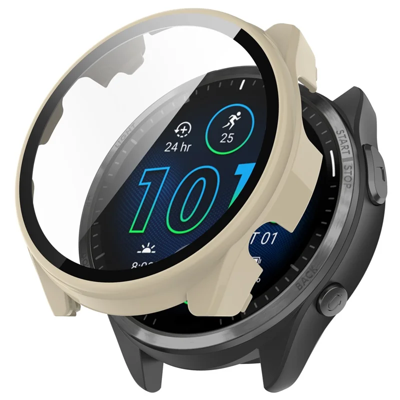 For Garmin Forerunner 965 Hard PC Watch Case Protective Frame with HD Tempered Glass Film - Ivory White