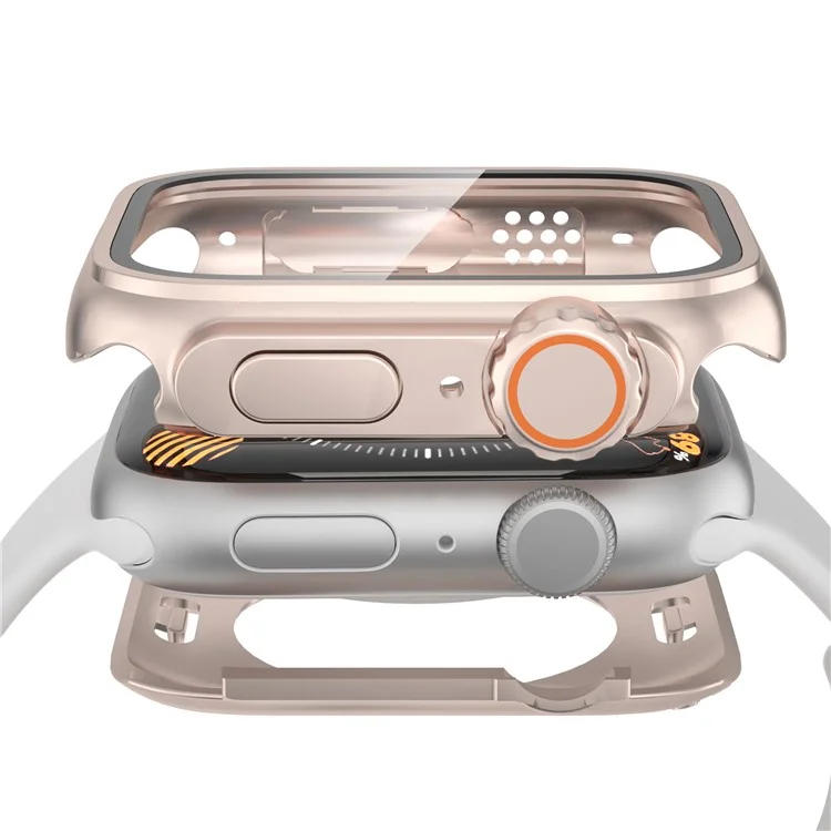 Waterproof Full Coverage Cover for Apple Watch Series 9 / 8 / 7 45mm , Hard PC Watch Case with Tempered Glass Screen Protector - Rose Gold