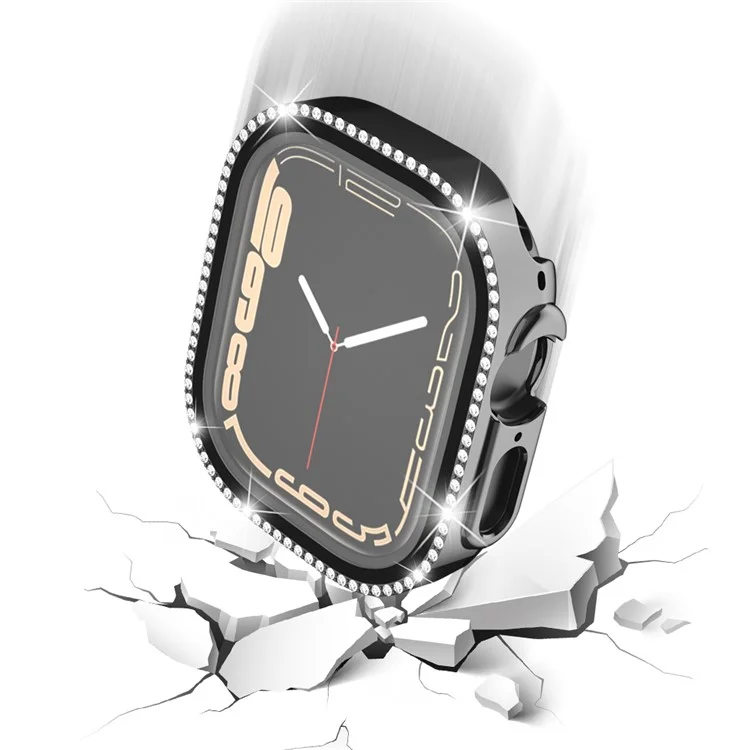 Para Apple Watch Ultra 2 49mm / Ultra 49mm Quadro PC + Película de Vidro Temperado para Tela de Relógio Protetor com Strass de Linha Única - Preto