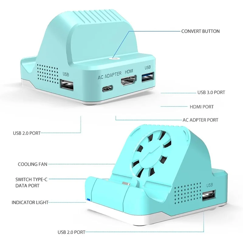 SW300 Docking Station for Nintendo Switch , Portable HD TV Dock Hub Adapter with Fan - Blue