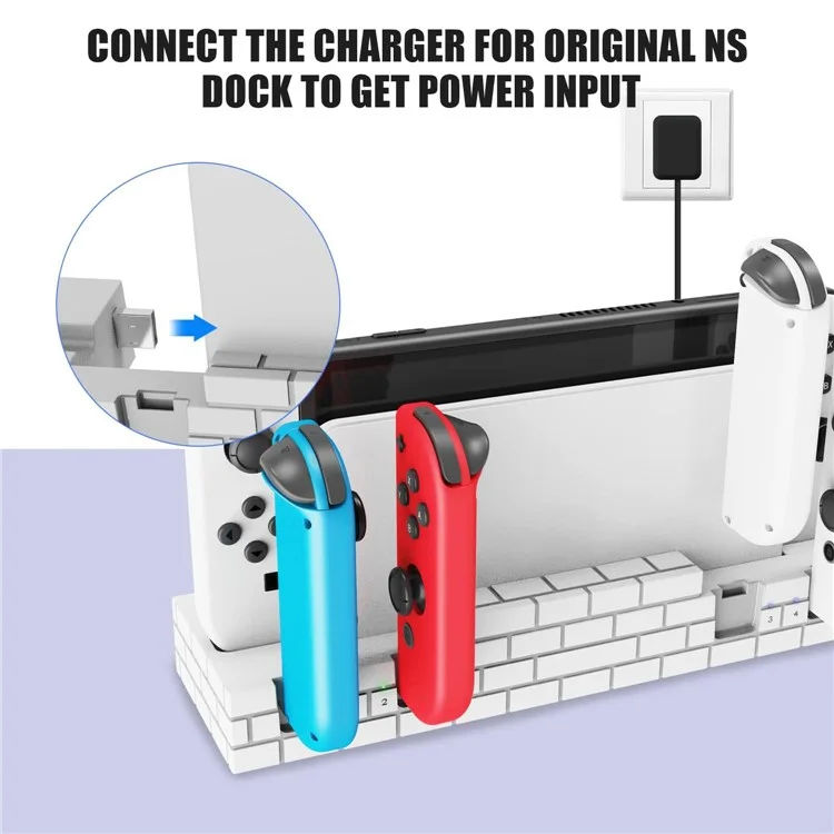 Chargeur de station d'accueil pour manette Nintendo Switch Charge rapide Dock Station pour 4 Joy-cons avec rangement pour cartes de jeu - Blanc