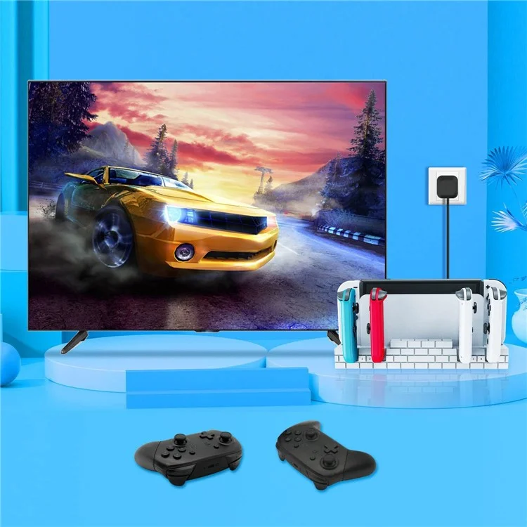 Chargeur de station d'accueil pour manette Nintendo Switch Charge rapide Dock Station pour 4 Joy-cons avec rangement pour cartes de jeu - Blanc