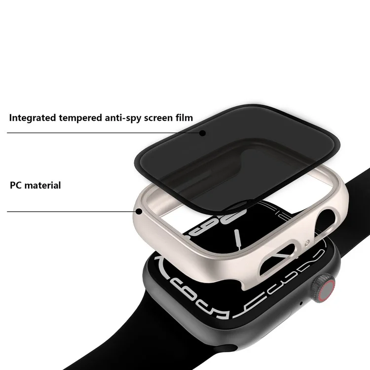 Para Apple Watch Series 9 / 8 / 7 45mm Capa Anti-Queda Integrada Capa Rígida de PC com Protetor de Tela de Vidro Temperado Anti-Espiã - Starlight
