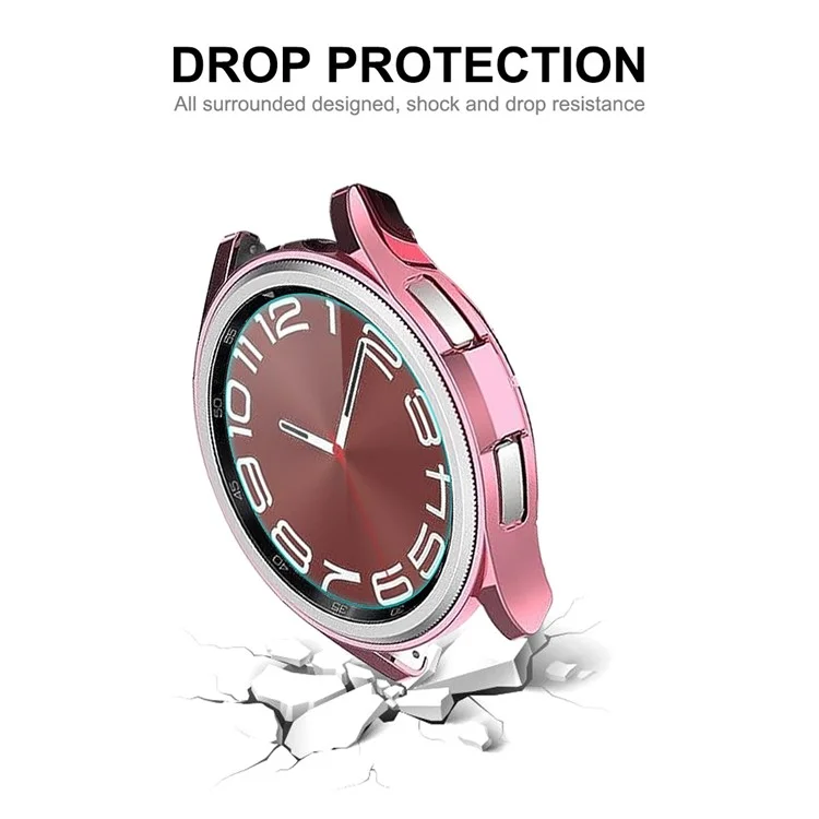 ENKAY HAT PRINCE For Samsung Galaxy Watch6 Classic 47mm Half-Cover Watch Case Electroplating TPU Frame with 0.2mm 9H Tempered Glass Screen Film - Pink