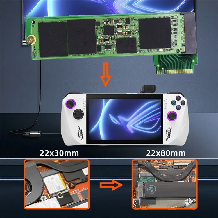 EP-022-2280MM NVME M-Key 22x30mm to 22x80mm Ângulo Adaptador de Extensão SSD Upgrade Compatível com ROG Ally Gaming
