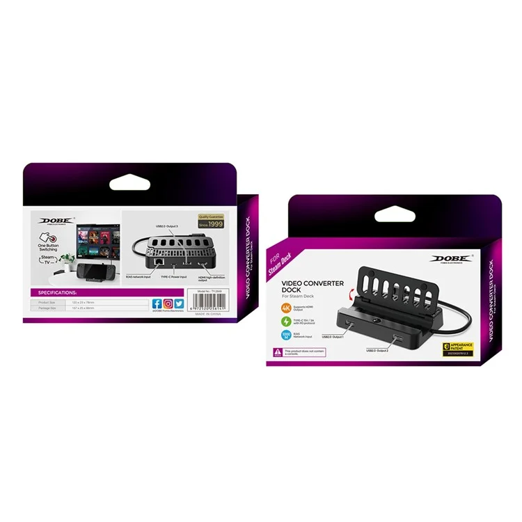 DOBE TY-2849 For Steam Deck Station de Dock Convertisseur avec Port Vidéo HD, Ethernet Gigabit, USB 2.0 et Charge Rapide PD