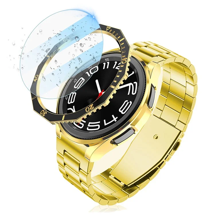 Für Samsung Galaxy Watch6 Classic 43mm PC-Etui mit Displayschutzfolie aus gehärtetem Glas + Lünette - Schwarz + Gold