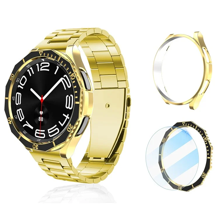 Für Samsung Galaxy Watch6 Classic 43mm PC-Etui mit Displayschutzfolie aus gehärtetem Glas + Lünette - Schwarz + Gold