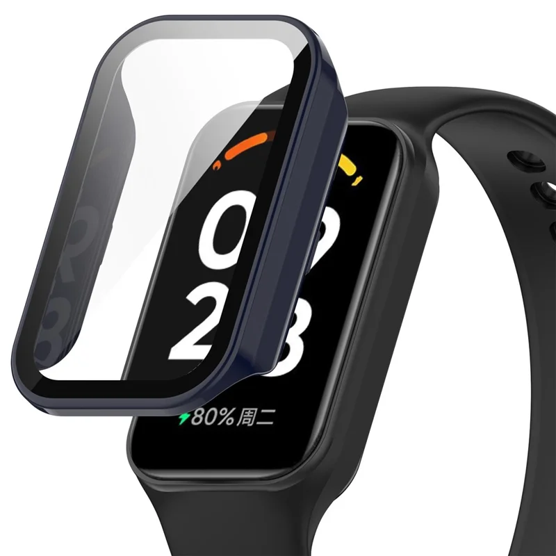Para Xiaomi Smart Band 8 Active / Redmi Smart Band 2 Funda de reloj con marco de PC y película de protección de pantalla de vidrio templado - Azul oscuro