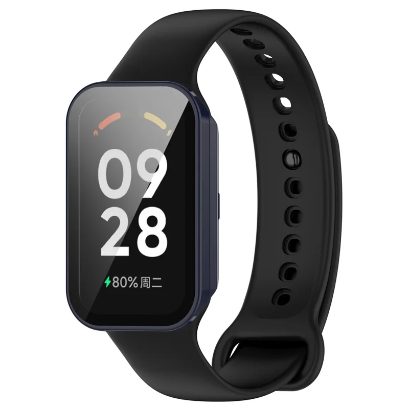 Para Xiaomi Smart Band 8 Active / Redmi Smart Band 2 Funda de reloj con marco de PC y película de protección de pantalla de vidrio templado - Azul oscuro