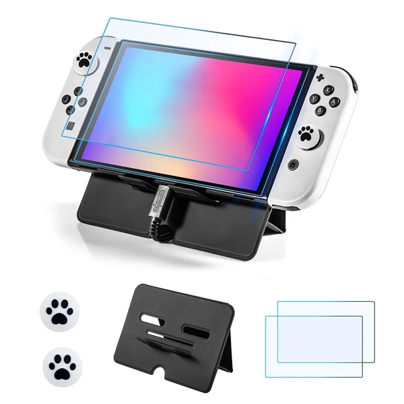 DEVASO For Nintendo Switch / Switch OLED Supporting Stand Holder + 2PCS Tempered Glass Screen Films + 1 Pair Joystick Cap