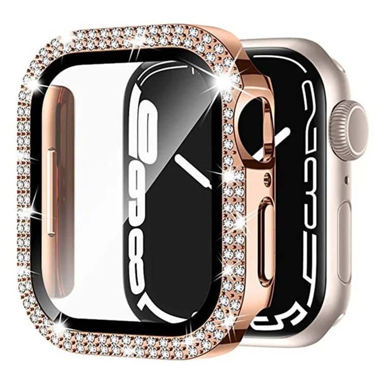 Para Apple Watch Series 9 8 7 41mm Carcasa del reloj Rhinestone Electroplating PC Frame con película de vidrio templado - Oro rosa