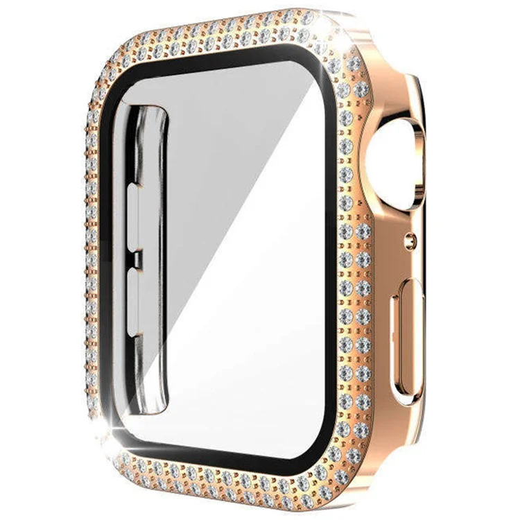 Para Apple Watch Series 9 8 7 41mm Carcasa del reloj Rhinestone Electroplating PC Frame con película de vidrio templado - Oro rosa
