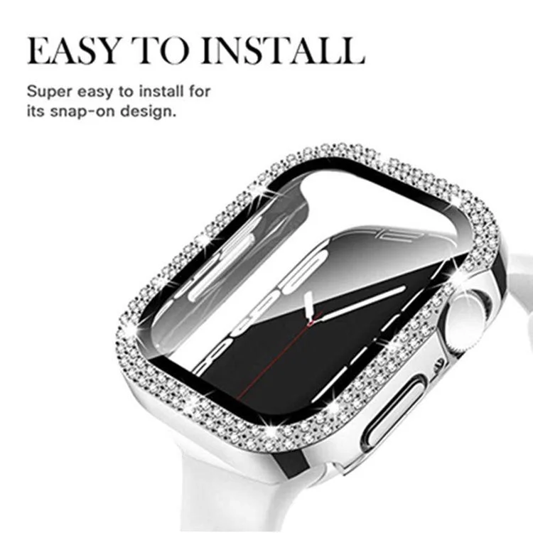 Para Apple Watch Series 9 8 7 41mm Carcasa del reloj Rhinestone Electroplating PC Frame con película de vidrio templado - Oro rosa