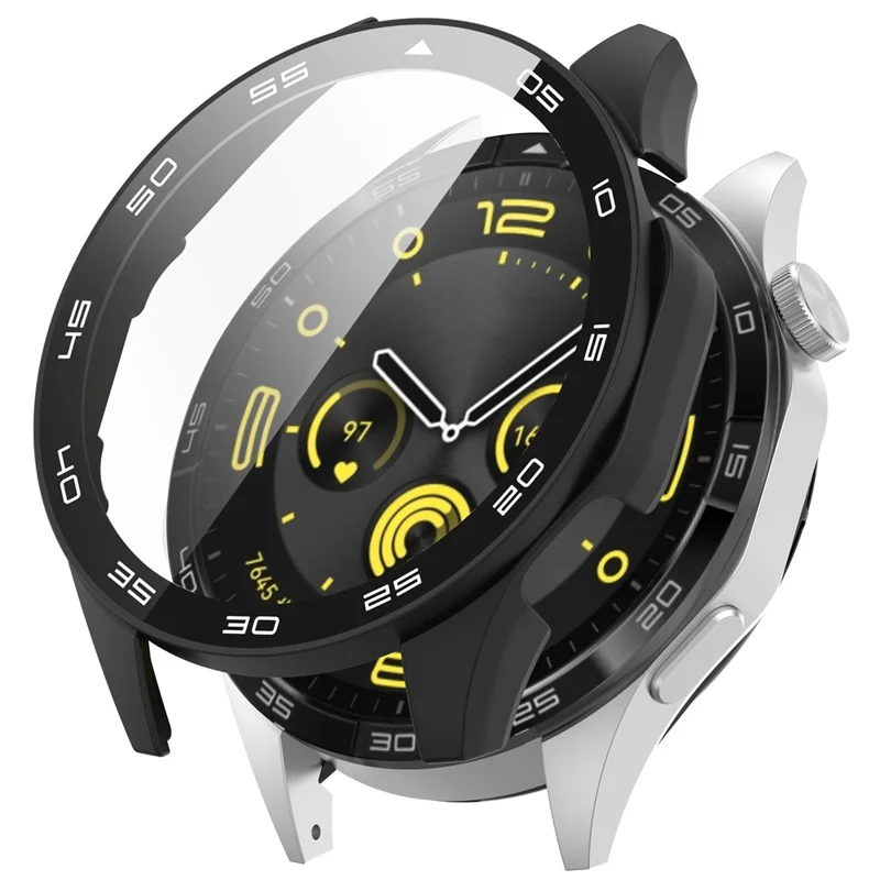 For Huawei Watch GT 4 46mm Watch Case Tempered Glass Screen Protector PC Frame Cover with Dial Plate - Black