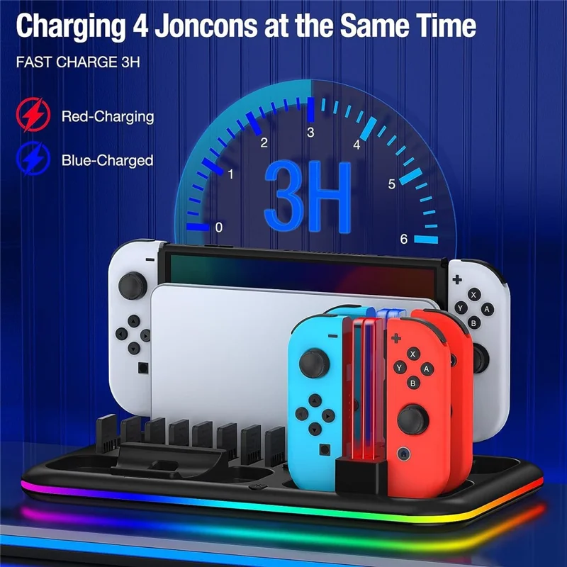 HONCAM DZ601 RGB Light Charging Station for Nintendo Switch Game Console / Controller Heat Dissipation Charging Dock Stand - White