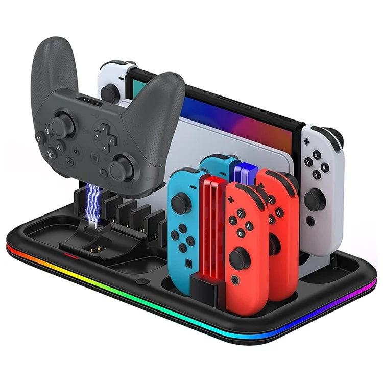 HONCAM DZ601 RGB Light Charging Station for Nintendo Switch Game Console / Controller Heat Dissipation Charging Dock Stand - Black